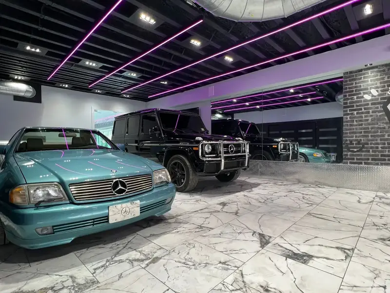 showroom-style garage with linear LED ceiling lighting, North Caldwell, NJ