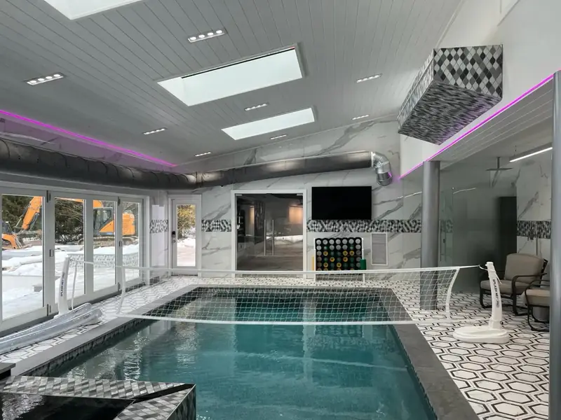 indoor pool room with cove and recessed lighting, North Caldwell, NJ