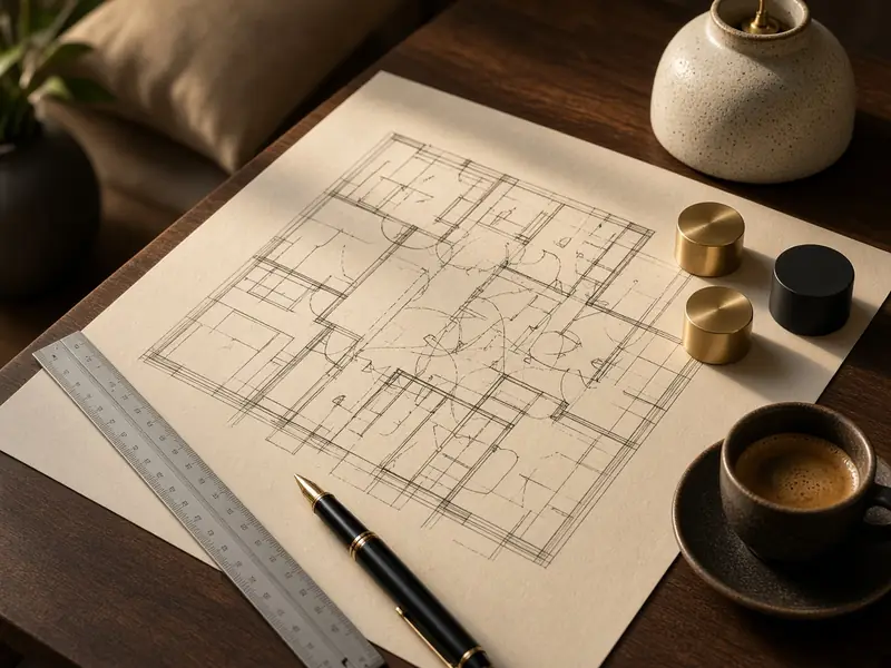 Lighting plan sketch with fixture finish samples on a consultation table