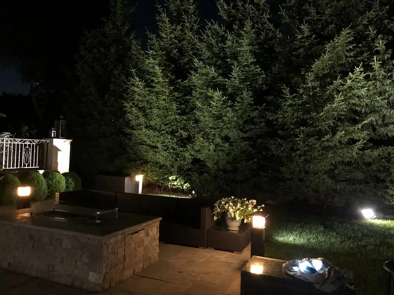 backyard landscape lighting among evergreens, Cresskill, NJ