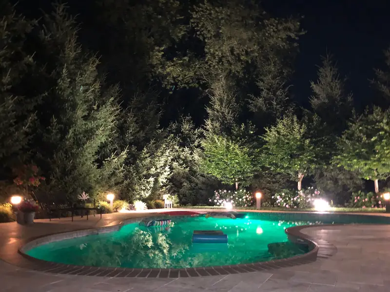 Outdoor Pool, Cresskill, NJ: glowing pool and garden lighting at night