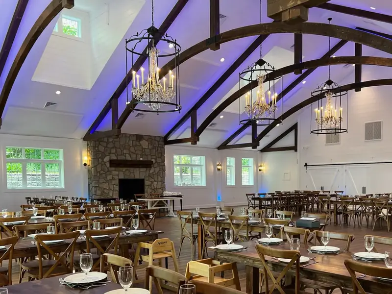 timber-beamed catering hall with lantern chandeliers, Hope, NJ