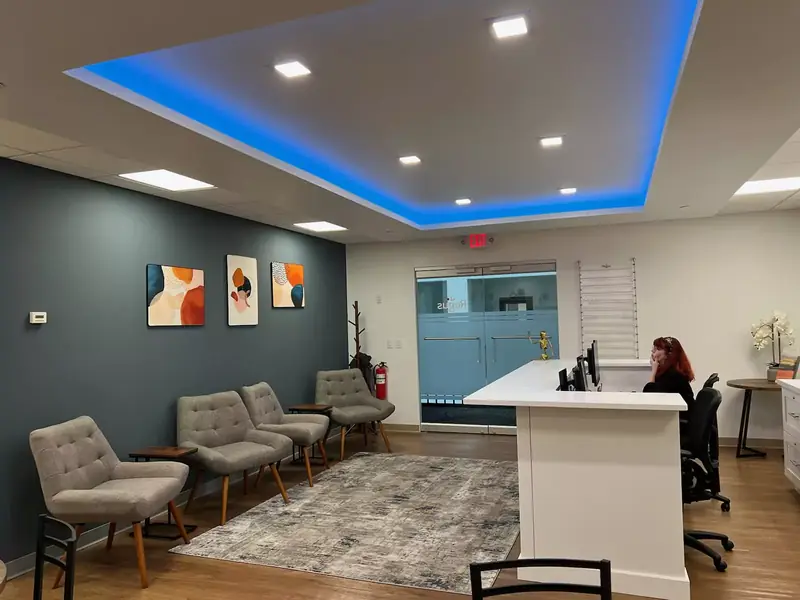 Regus Rental Offices, 165 Passaic Ave, Fairfield, NJ: office reception with a blue-lit tray ceiling